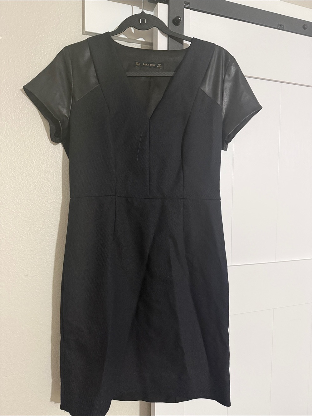 Zara Black V-Neck Mini Dress with Faux-Leather Sleeves
